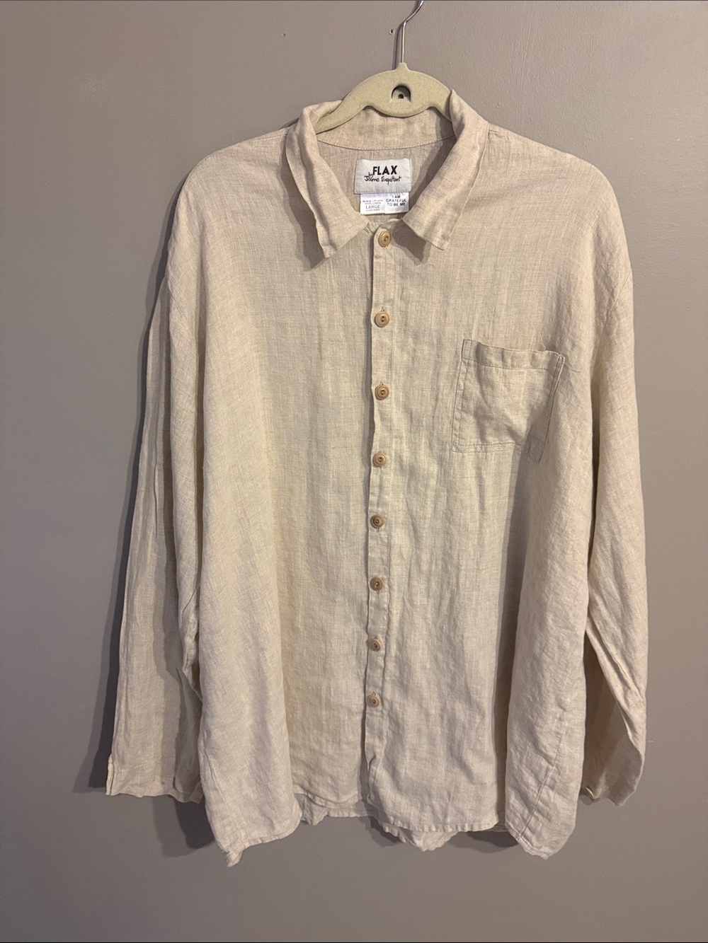 Flax Light Beige Long Sleeve Relaxed Button-down shirt. Size 2X